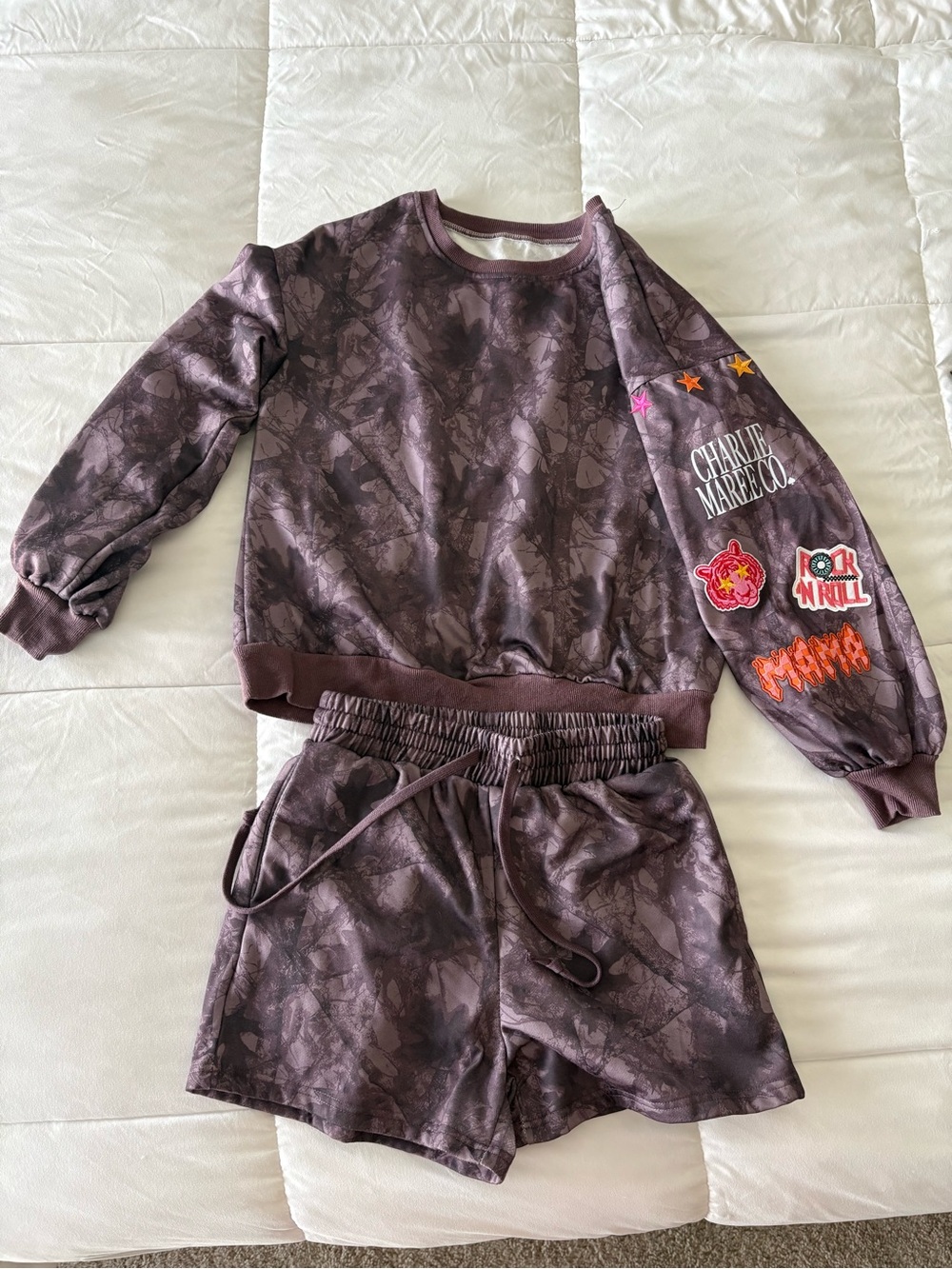 Charlie Maree Co. Purple Camo Sweatshirt and Shorts Set